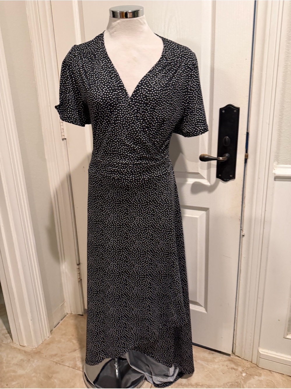 Black Printed Short-Sleeve Wrap-Style Sweater Dress